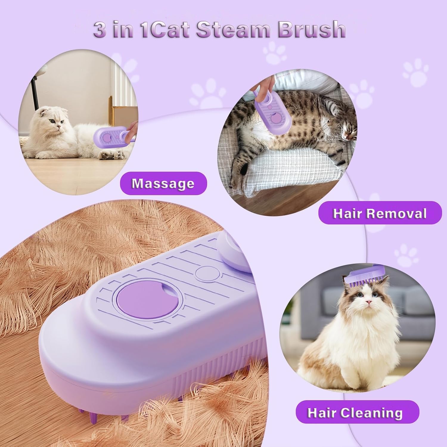 Cat Steam Brush for Shedding 3 in 1 Cat Steamy Brush Cleanser with Foldable Handle Pet Spa Brush for Cats Dogs Defur Comb for Cats Steam Brush for Cats Pet Spray Hair Removal Comb